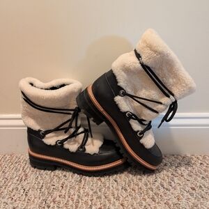 Marc Fisher Black Lug-Sole Ankle Boots with Tan Trim